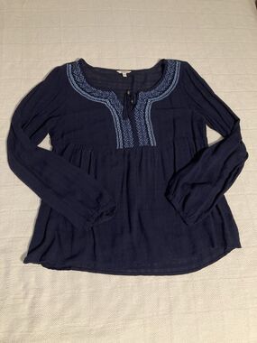 Babydoll Blue Embroidered Top L Blouse Long Sleeve Boho Flowy Peasant Sonoma